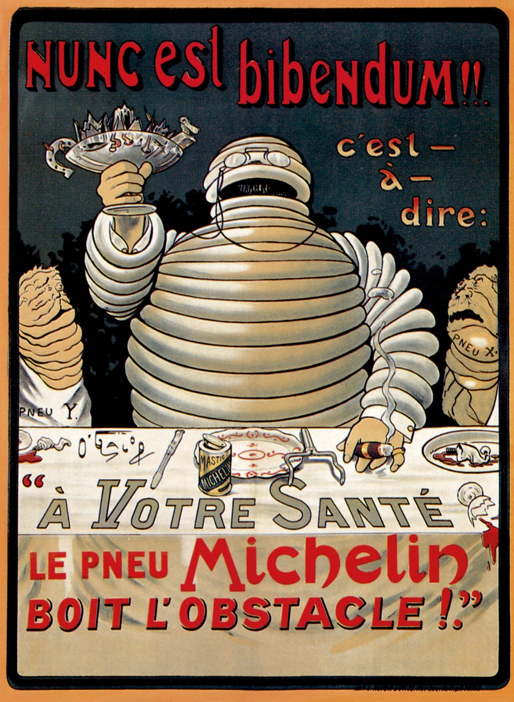 Affiche Michelin d’O’Galop, 1898 : Bibendum lève une coupe remplie de clous et de tessons de verre.